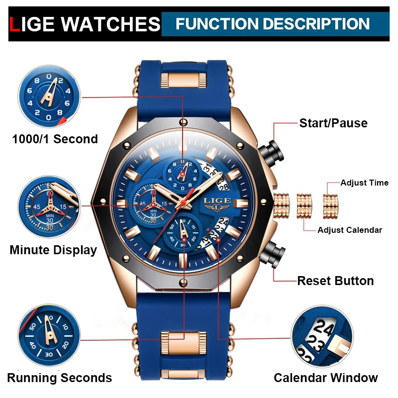 LIGE Watch For Men Chronograph Top Brand Luxury Waterproof Watches